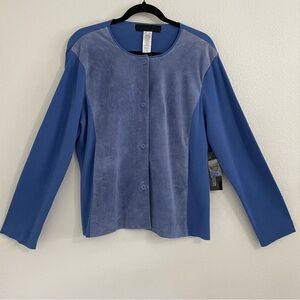 Jones New York Two-Tone Blue Suede-Front Button Cardigan